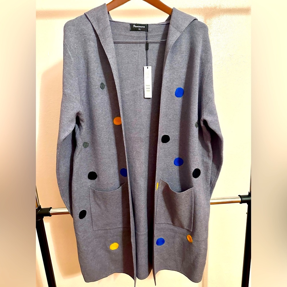 New Romimona Long Hooded Cardigan. Grey. Size Large
